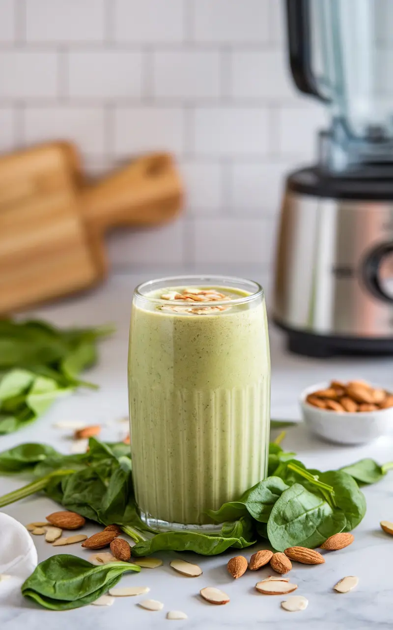 A green spinach and almond smoothie in a glass with almond slices, surrounded by spinach leaves and whole almonds.