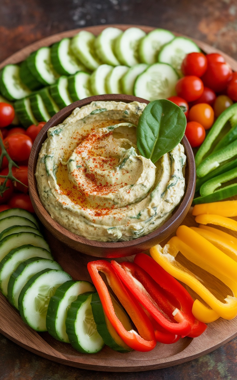 Creamy avocado and spinach dip in a bowl, garnished with red pepper flakes, surrounded by fresh vegetables for dipping.