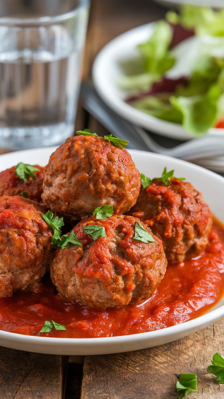 Keto beef meatballs served in marinara sauce, garnished with parsley, on a rustic wooden table.