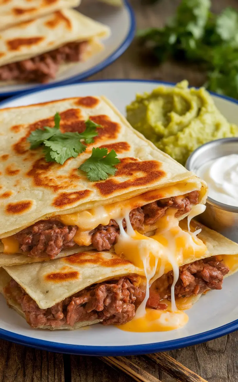 Golden brown keto beef quesadillas filled with melted cheese, served with guacamole and sour cream on a rustic table.