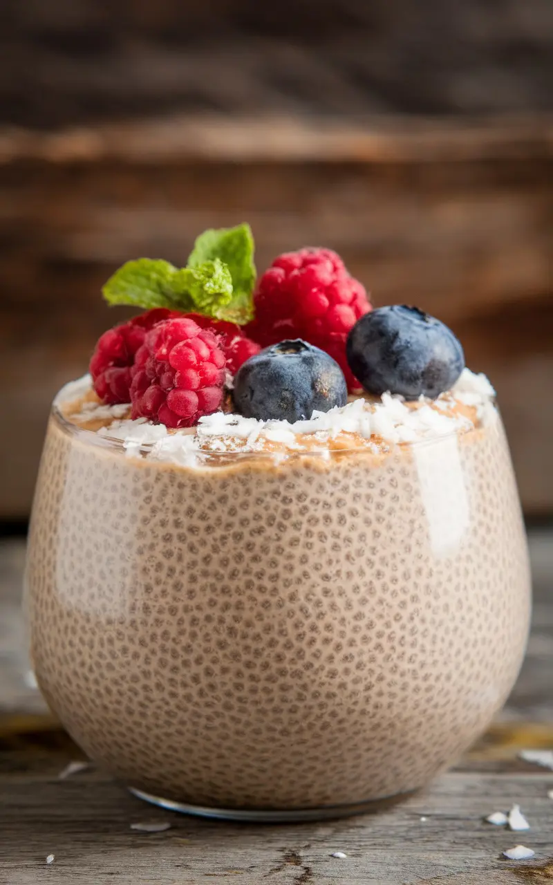 Chia seed pudding with coconut milk topped with shredded coconut and berries in a rustic setting.