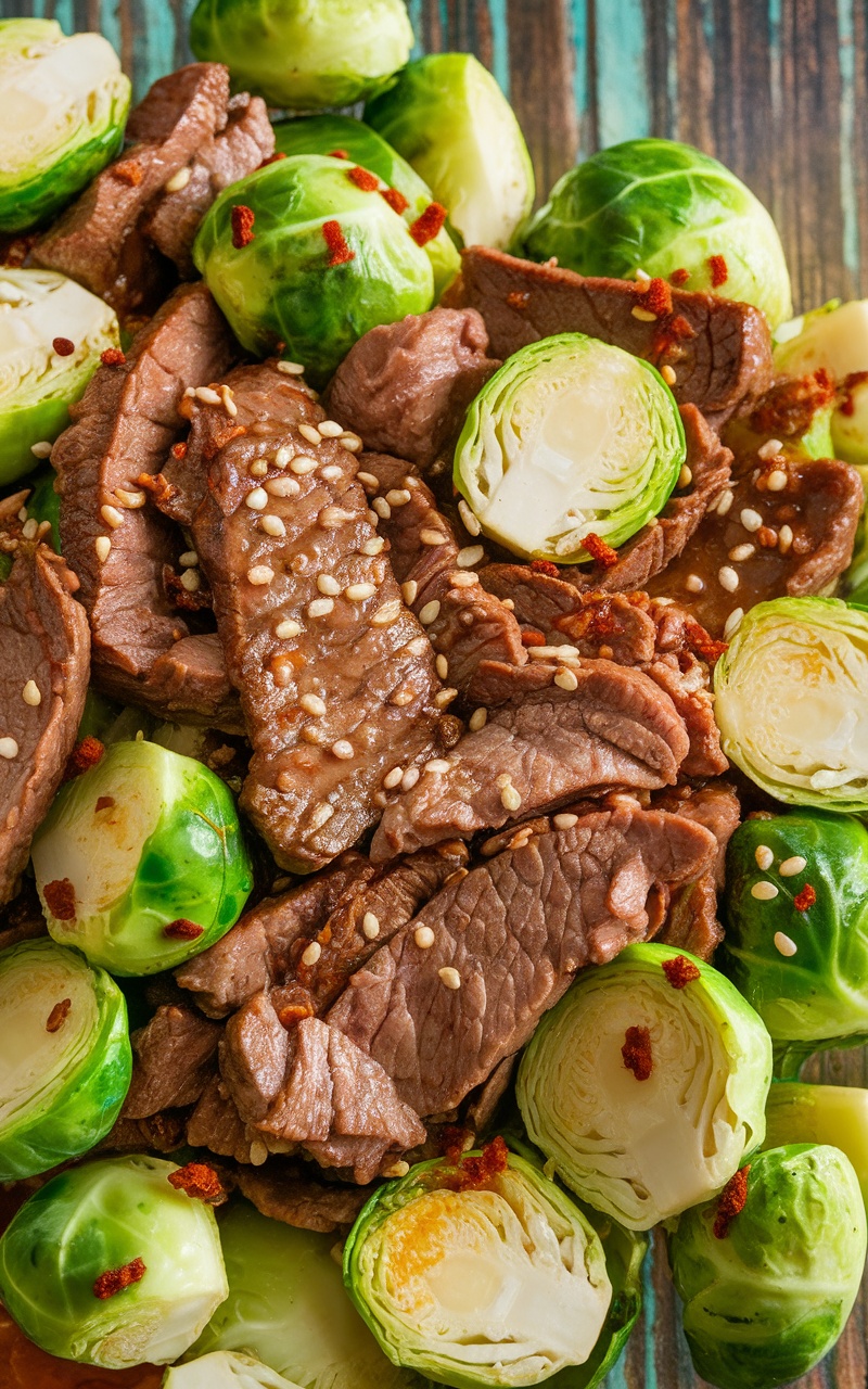 A delicious plate of keto beef and Brussels sprouts stir-fry garnished with sesame seeds and red pepper flakes.