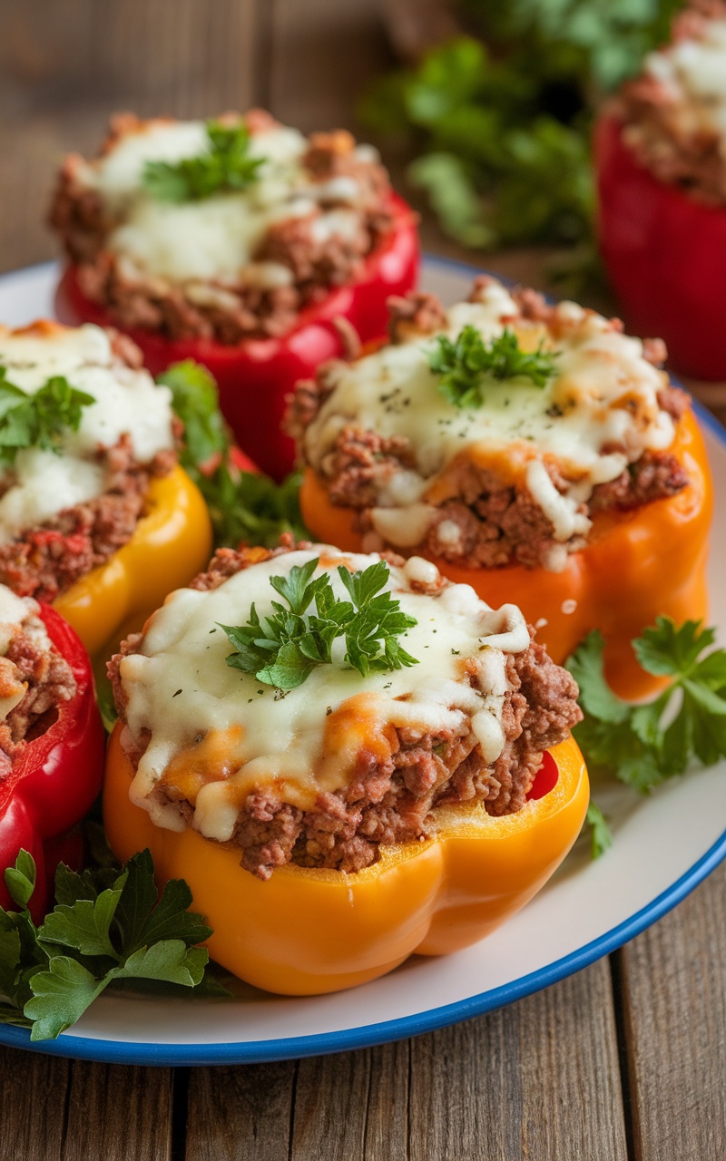 Keto beef-stuffed bell peppers filled with ground beef and cheese, garnished with parsley on a wooden table.