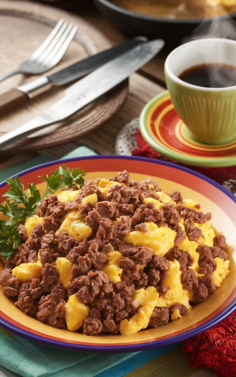 A delicious beef and egg breakfast scramble topped with fresh parsley on a rustic wooden table.