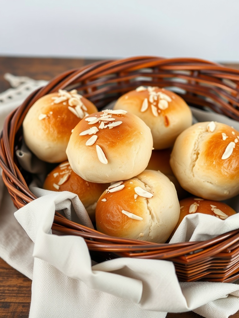 Basket of freshly baked almond flour bread rolls topped with sliced almonds.