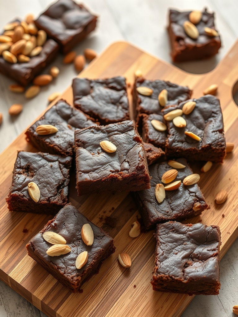 Fudgy almond flour brownies topped with almonds