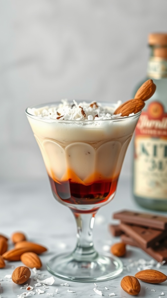 A creamy and colorful keto-friendly cocktail inspired by Almond Joy, garnished with almonds and coconut.