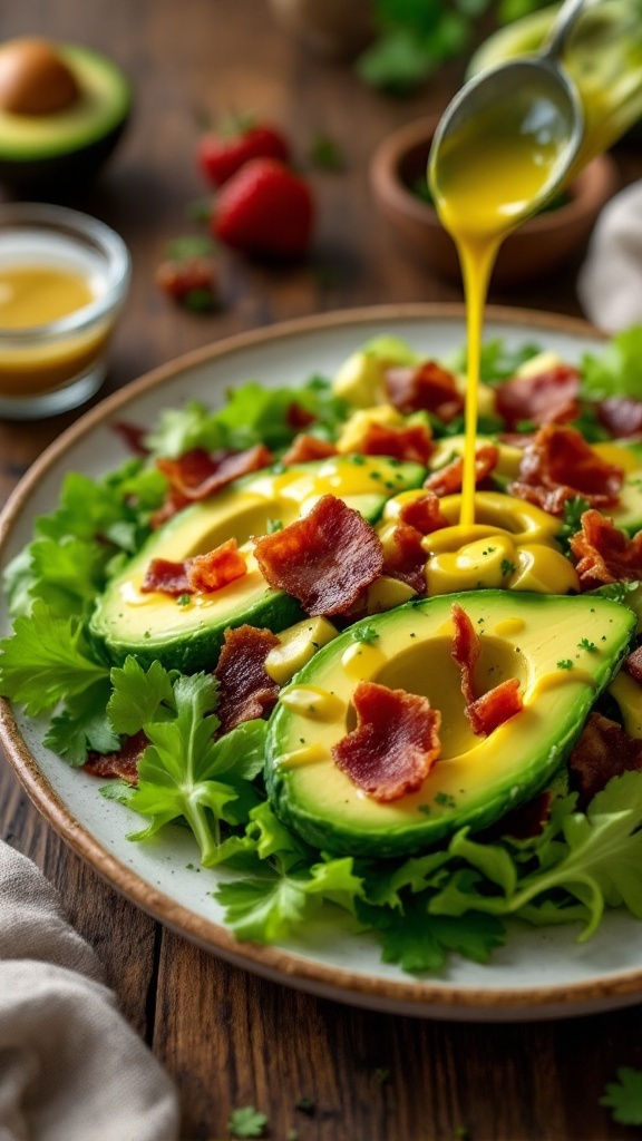 A fresh avocado and bacon salad with leafy greens and a drizzle of dressing.