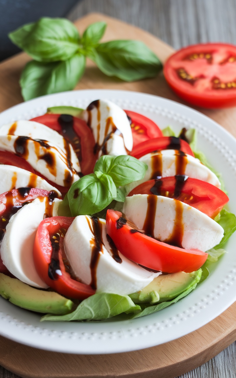 A colorful Avocado Caprese Salad with tomatoes, mozzarella, and basil, drizzled with balsamic glaze.