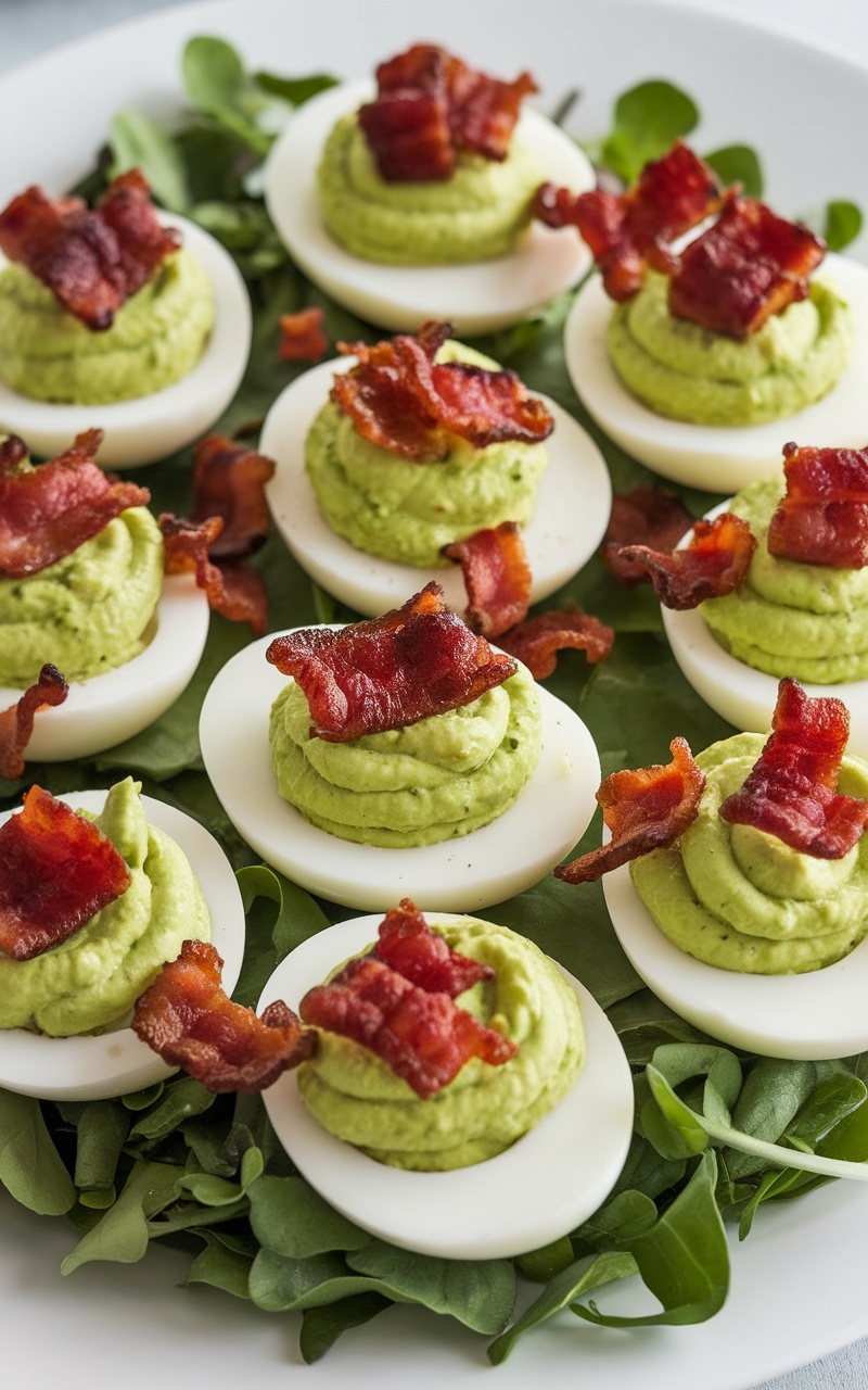 Avocado deviled eggs topped with crispy bacon on a serving platter.