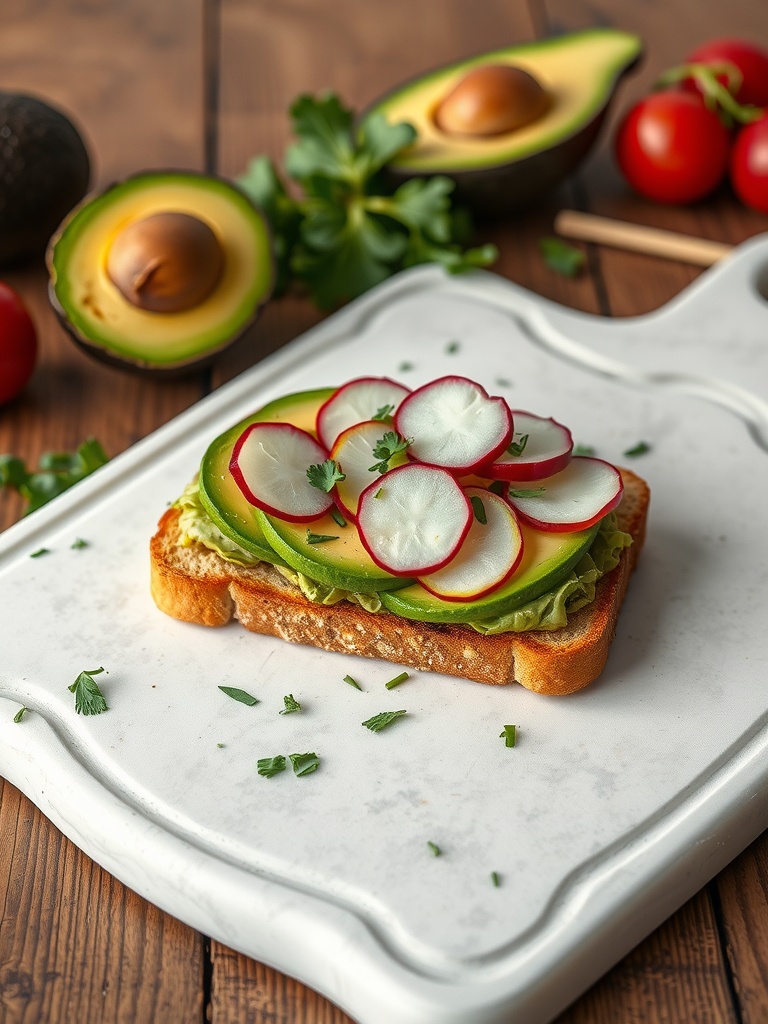 Avocado toast on cloud bread topped with radishes and herbs