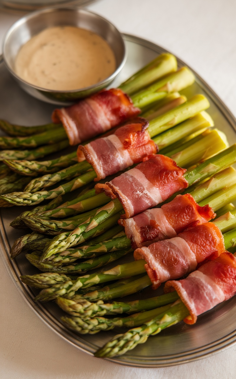 Bacon-wrapped asparagus on a platter with a dipping sauce.