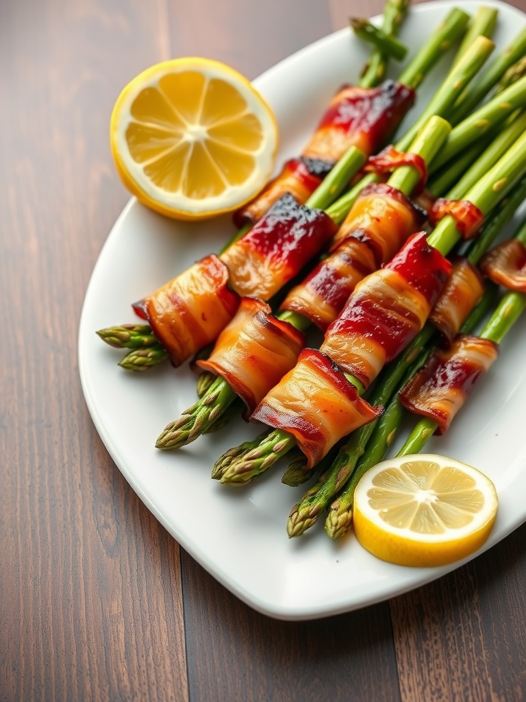 Platter of bacon-wrapped asparagus with lemon slices