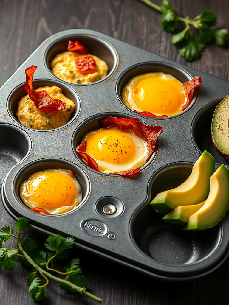 A muffin tin filled with bacon and egg muffins, showcasing a delicious keto breakfast option.