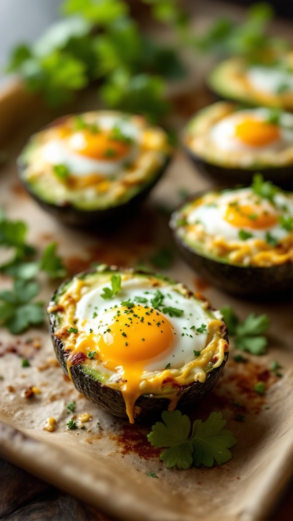 Baked avocado eggs garnished with herbs