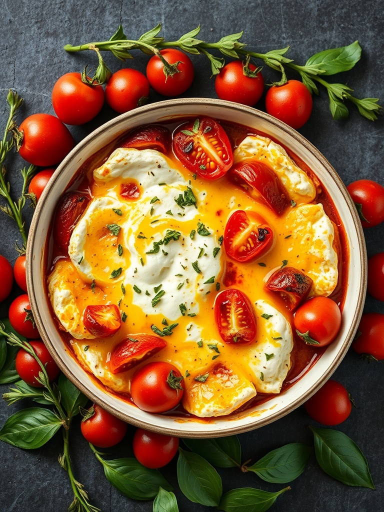 Baked feta cheese with cherry tomatoes in a bowl garnished with basil