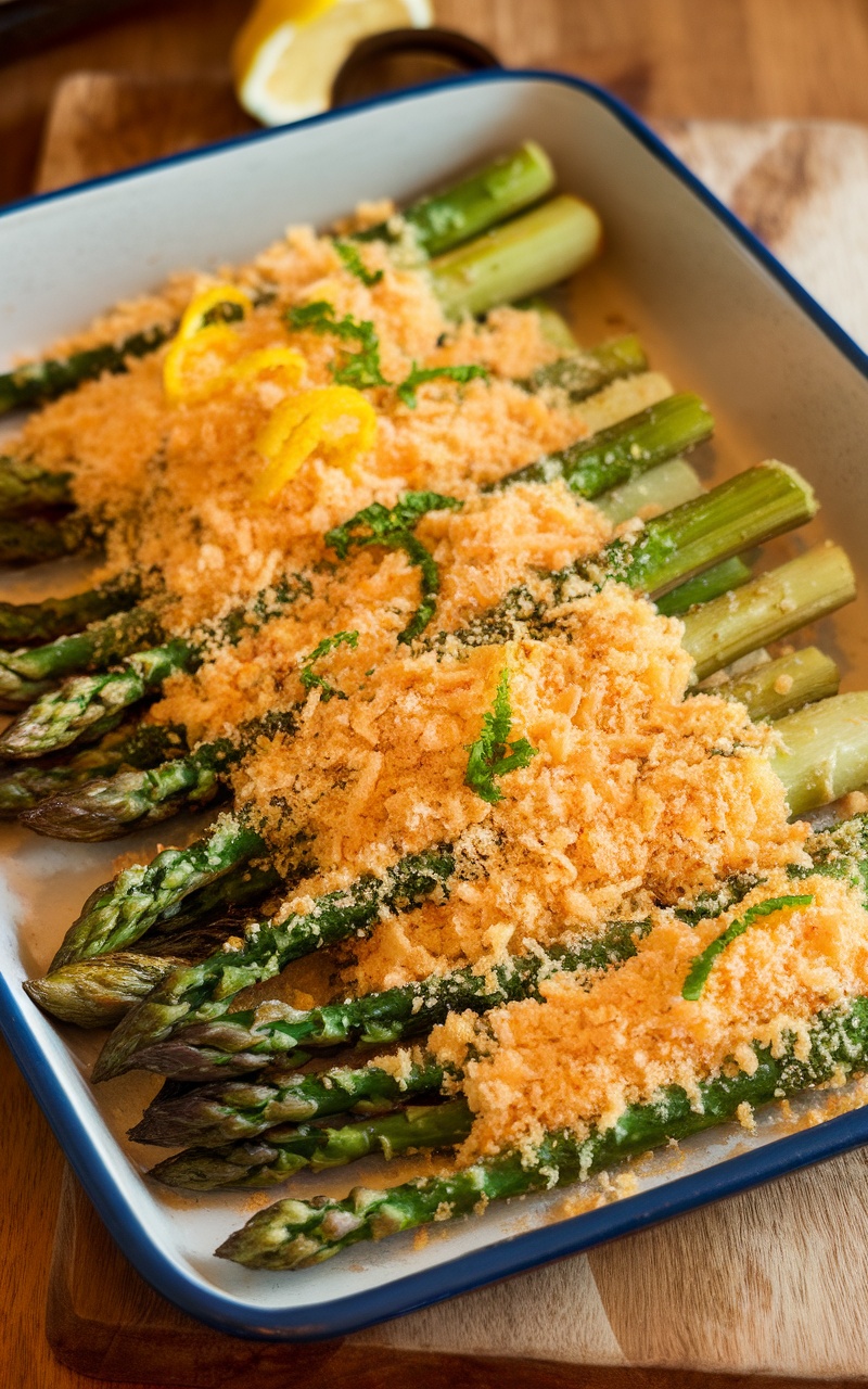 Baked Parmesan Asparagus arranged in a baking dish