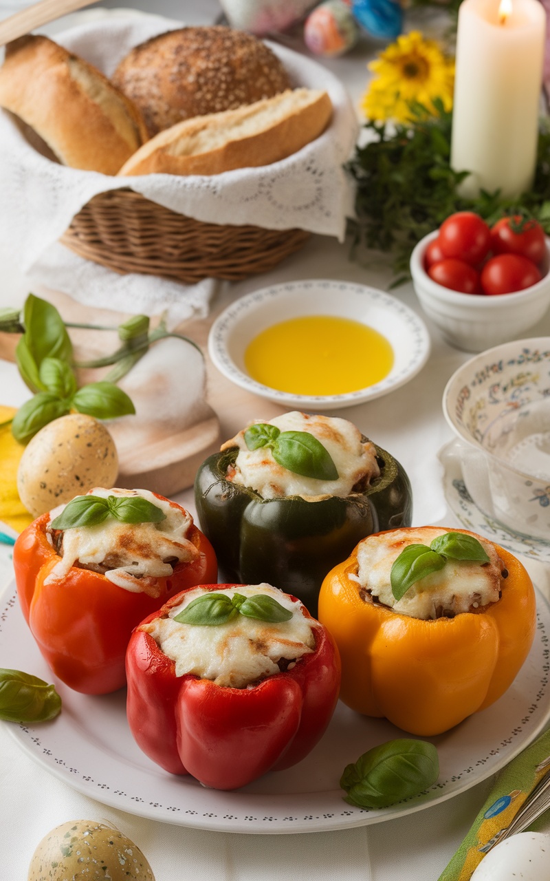 Colorful stuffed peppers filled with cheese and basil