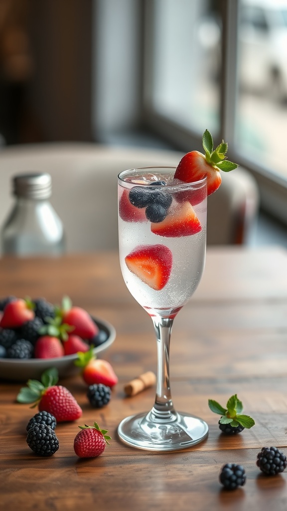 A refreshing berry-infused sparkling water cocktail with strawberries and blueberries, garnished with mint leaves.