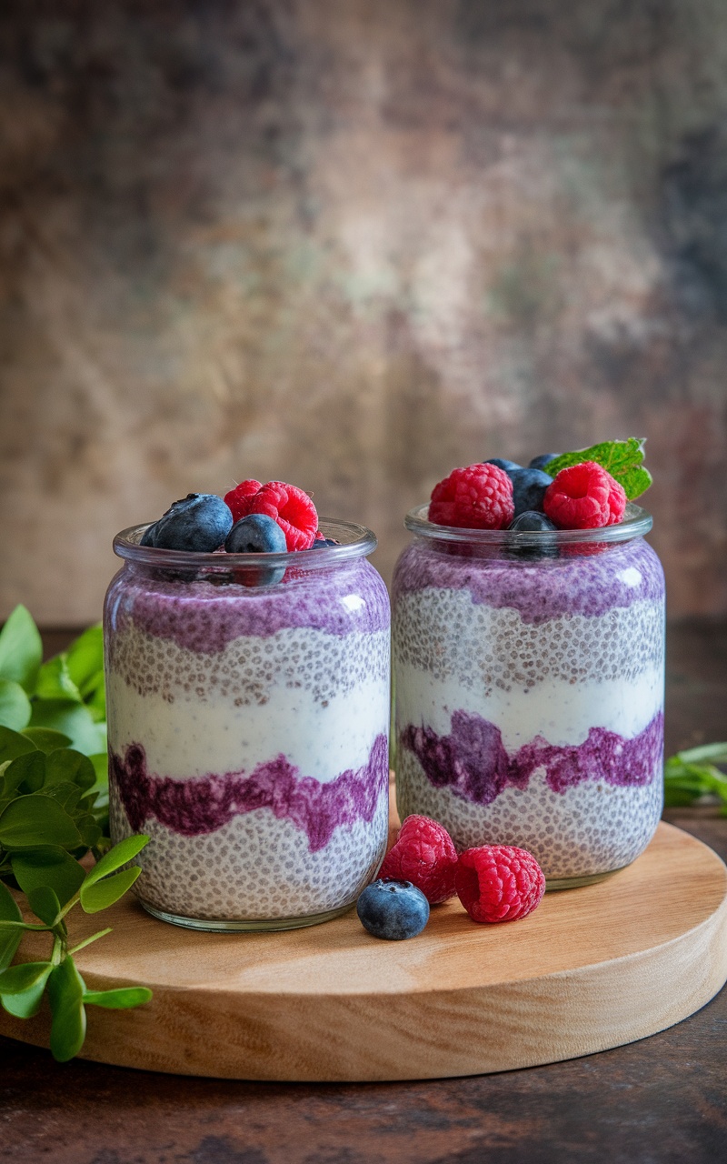 Delicious berry chia seed pudding served in jars, topped with fresh berries and mint.