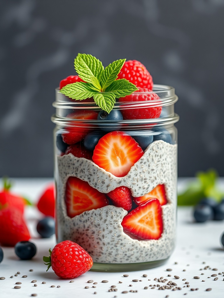 A jar filled with berry chia seed pudding topped with fresh berries and mint leaves.