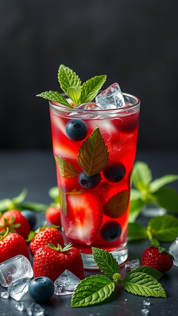 A refreshing Berry Mojito cocktail with mint, strawberries, and blueberries