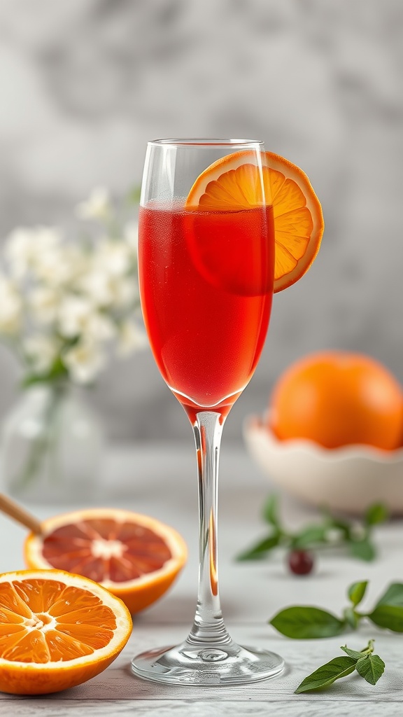 A refreshing Blood Orange Mimosa garnished with a slice of orange, presented in a elegant glass.