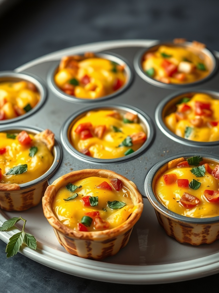 Delicious breakfast egg cups with cheese and veggies in a muffin tin