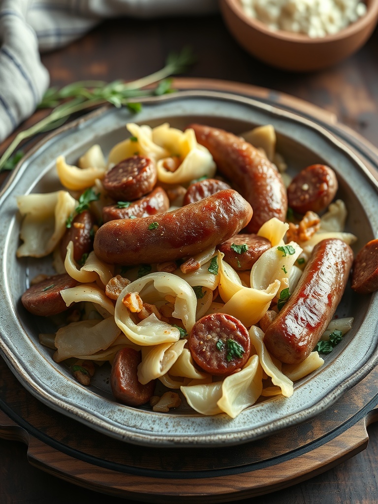 A delicious serving of cabbage and sausage skillet with herbs.