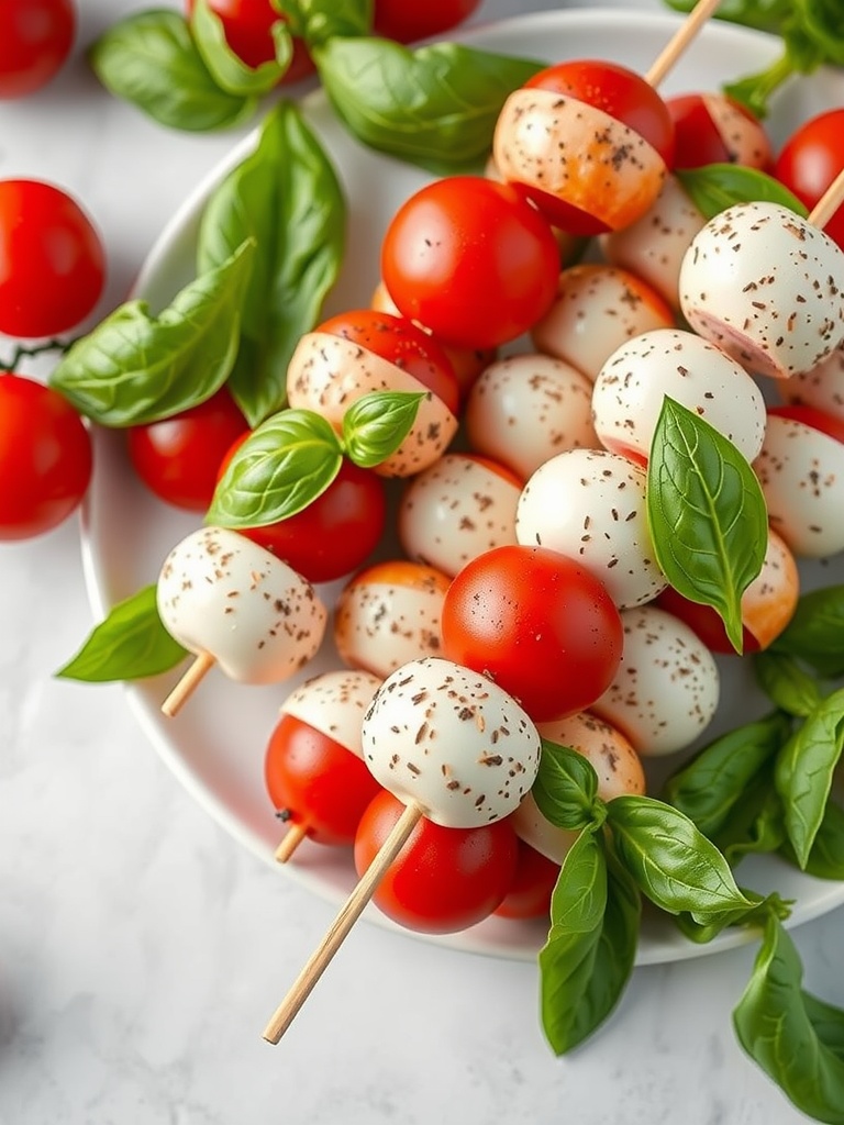 Caprese salad skewers with cherry tomatoes, mozzarella, and basil