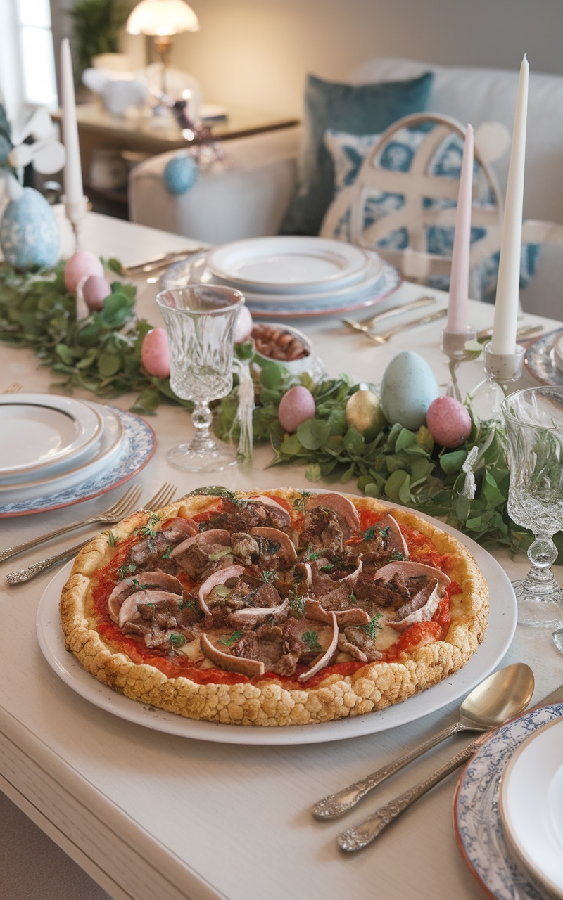 Cauliflower-Crusted Lamb Pizza on a festive table setting