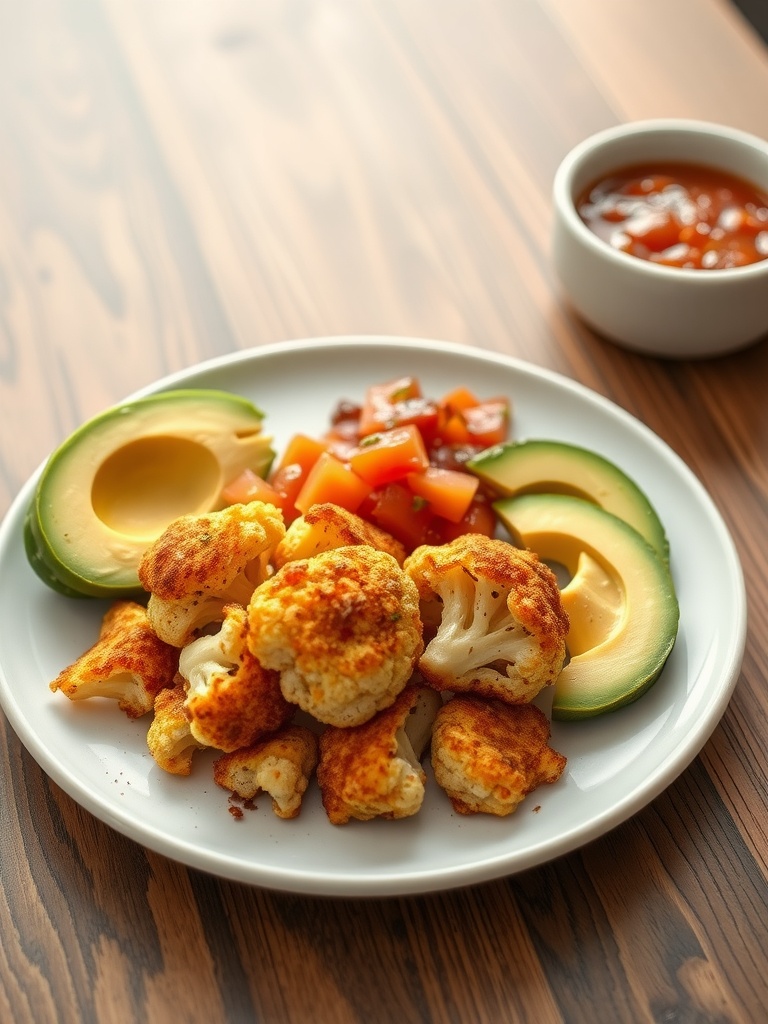 Cauliflower hash browns served with avocado and salsa on a plate.