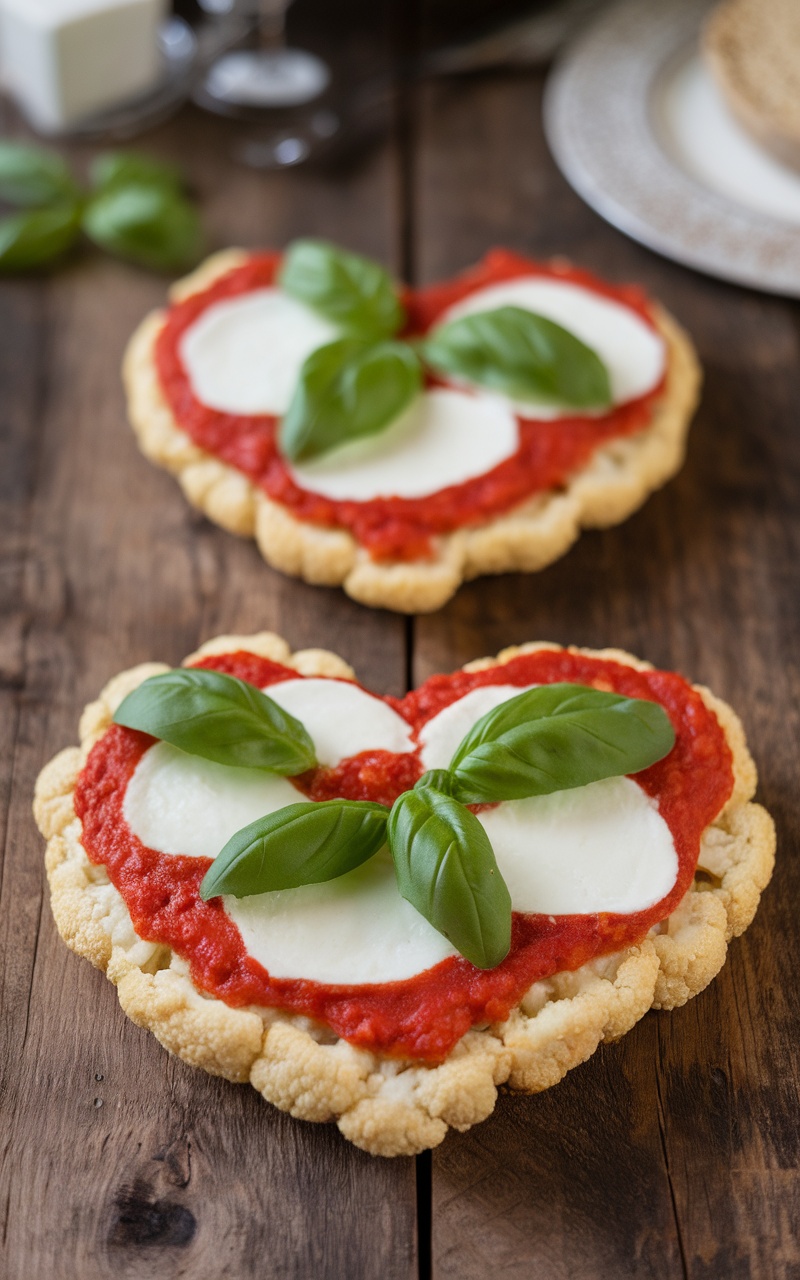 Heart-shaped cauliflower pizza topped with mozzarella and basil.