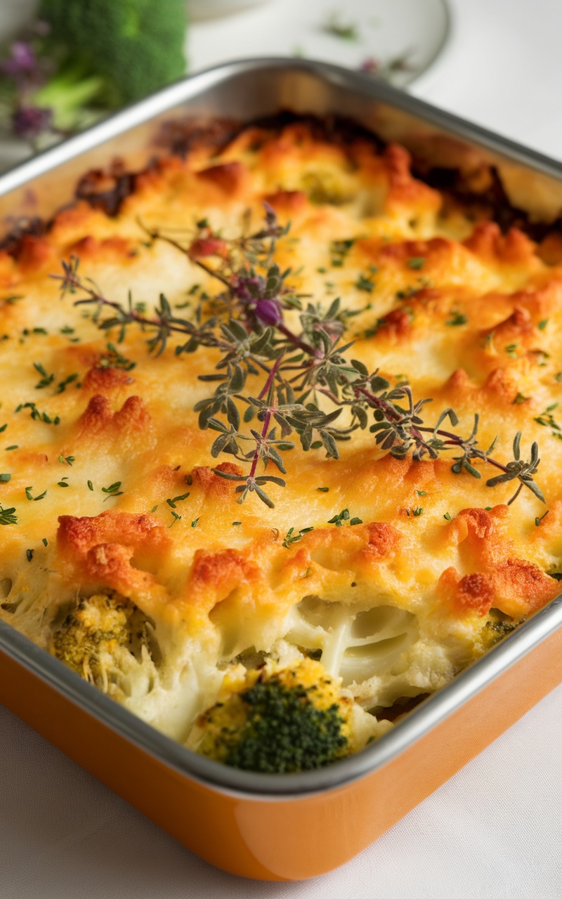 Cheesy Broccoli Casserole with a crispy golden top, garnished with fresh herbs