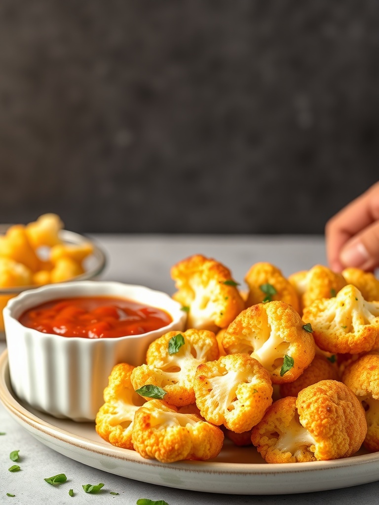 Plate of cheesy cauliflower breadsticks served with marinara sauce.