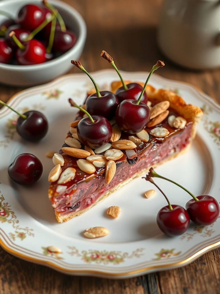 Slice of cherry almond tart topped with cherries and almonds on a plate.