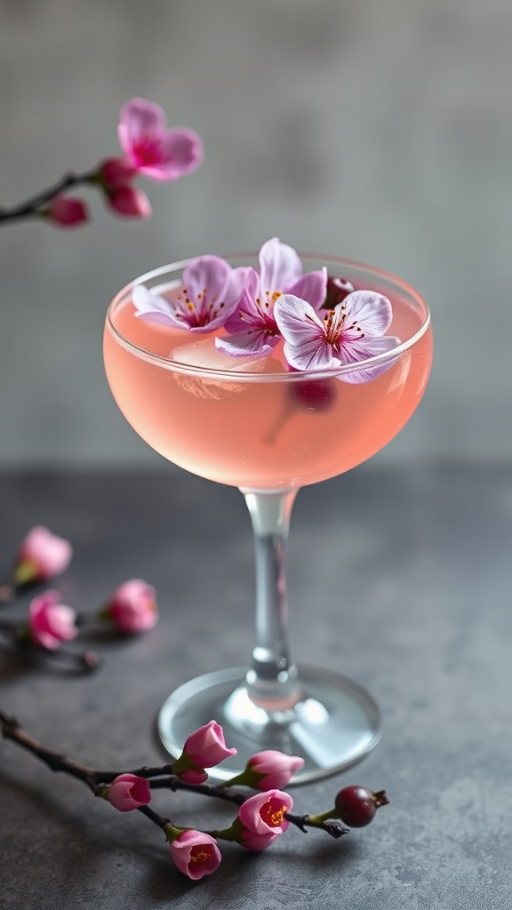 A Cherry Blossom Cocktail garnished with fresh flowers and cherries