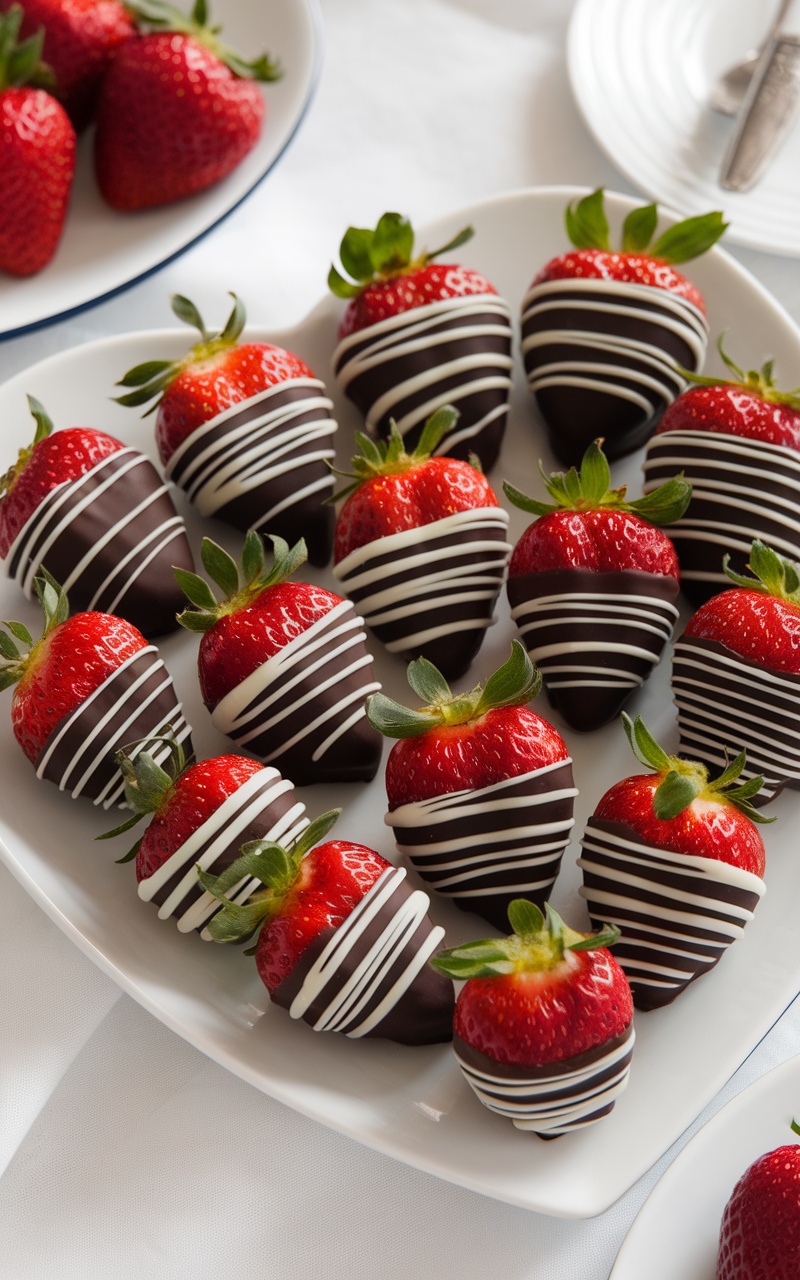 Delicious chocolate-dipped strawberries arranged on a white platter.