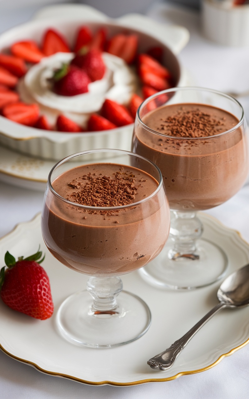 Two glasses of chocolate avocado mousse garnished with chocolate shavings on a plate with strawberries.