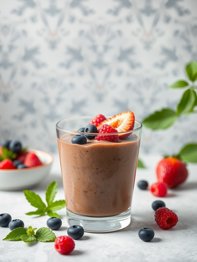 A glass of chocolate avocado mousse topped with berries.