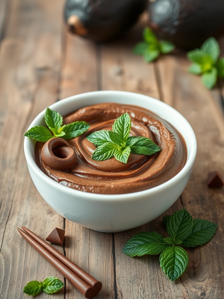 A bowl of rich chocolate avocado mousse topped with mint leaves, surrounded by fresh ingredients.