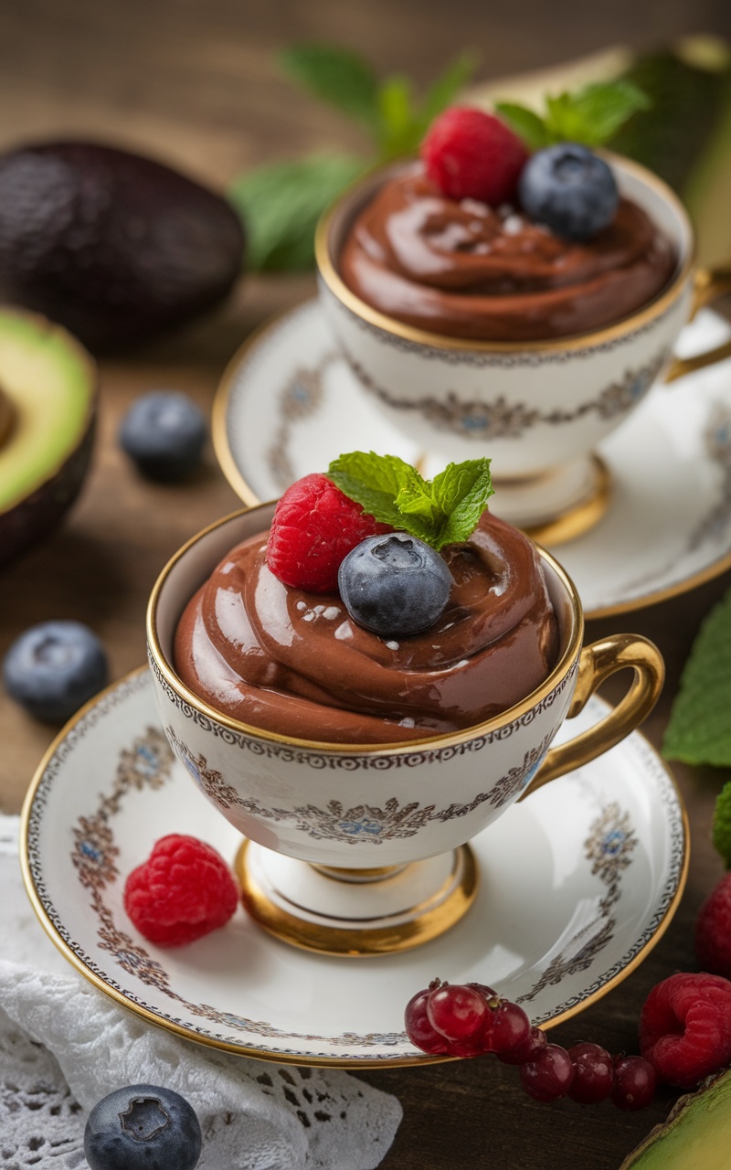 Chocolate avocado mousse served in elegant cups, garnished with fresh berries and mint.