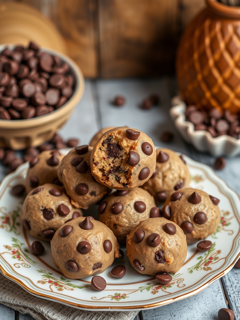 Chocolate Chip Cookie Dough Truffles on a decorative plate surrounded by chocolate chips.