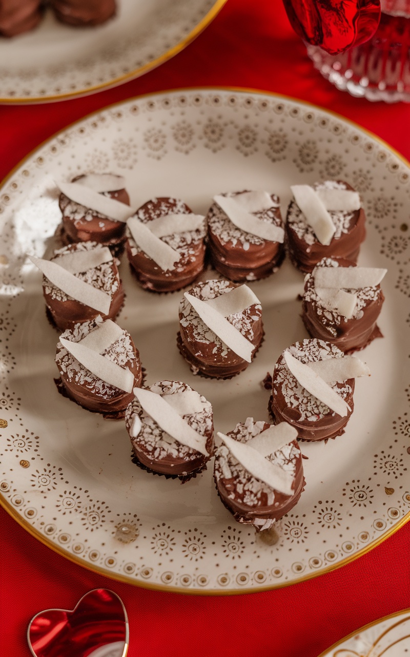 A plate of chocolate coconut fat bombs decorated beautifully for Valentine's Day.