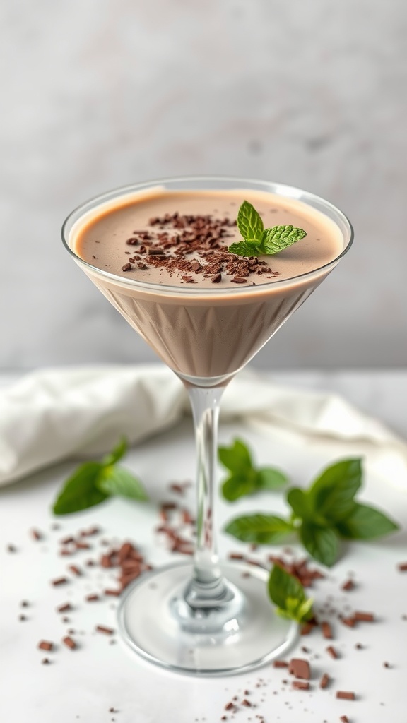 A chocolate mint keto martini garnished with mint leaves and chocolate shavings.