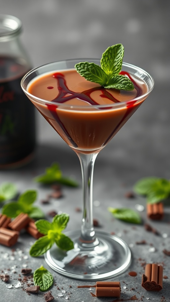 A Chocolate Mint Martini garnished with mint leaves and chocolate shavings.