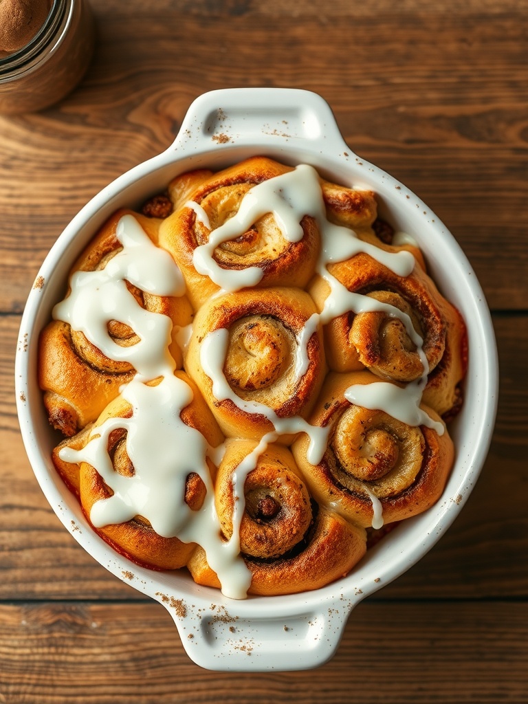 A delicious cinnamon roll casserole served in a white baking dish, drizzled with creamy frosting.