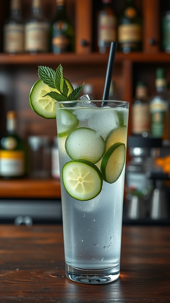 A refreshing gin and tonic with cucumber and mint garnishes.