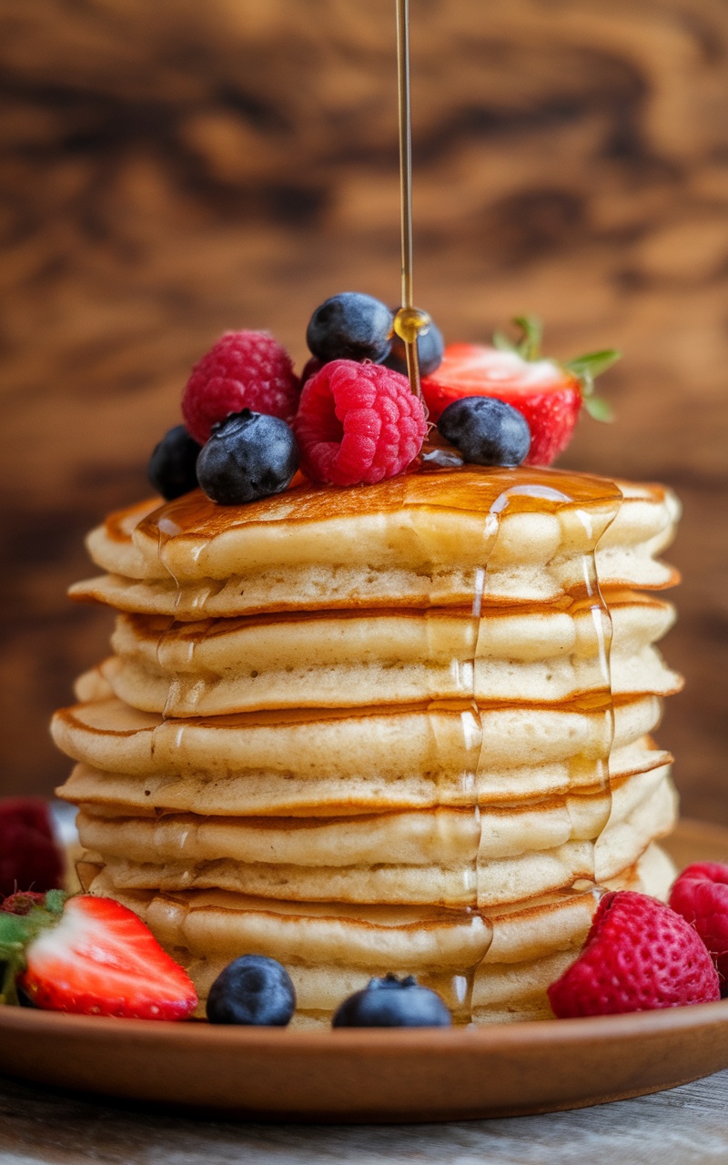 Fluffy coconut flour pancakes topped with fresh berries and syrup.