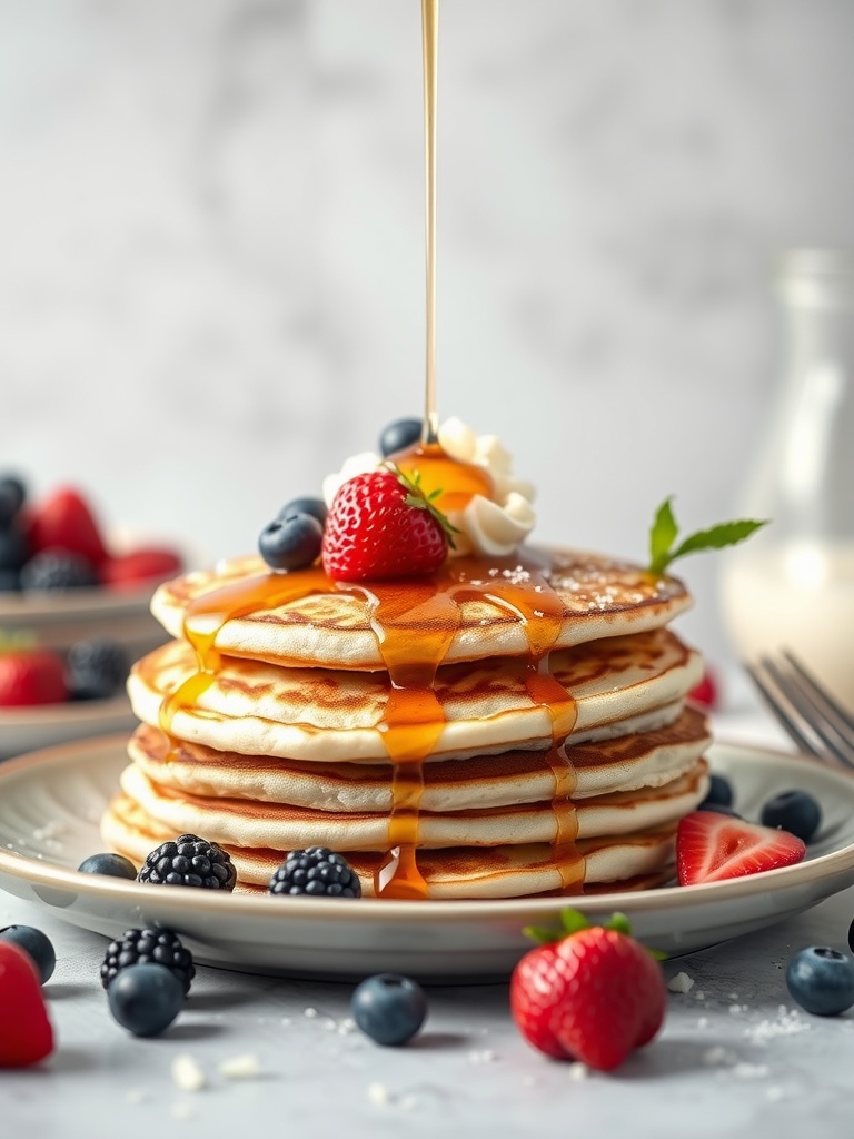 Delicious stack of coconut flour pancakes topped with berries and syrup